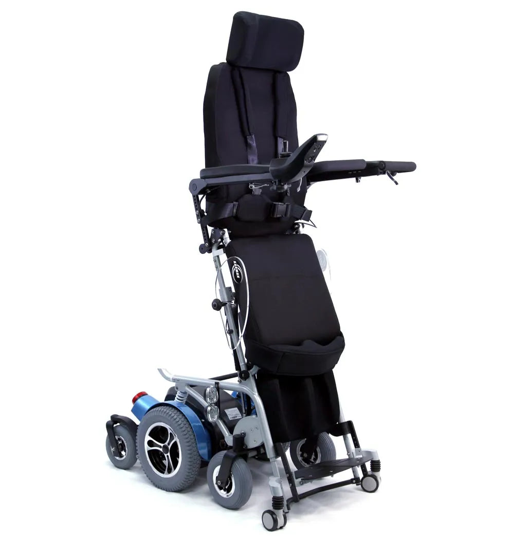 Adjustable Karman XO-505 Power Standing Wheelchair with memory foam cushions and flip-back armrests